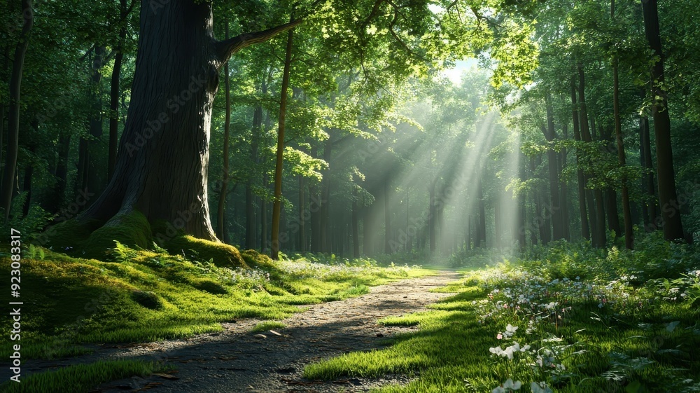Obraz premium Sunlit path winding through an enchanted forest with ancient trees.