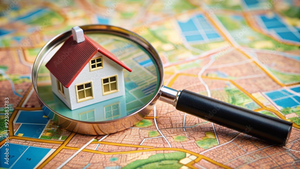 Lupa enfocando una pequeña casa en un mapa, simbolizando la búsqueda de propiedades residenciales. Lupa enfocando una pequeña casa en un mapa, simbolizando la búsqueda de propiedades residenciales.