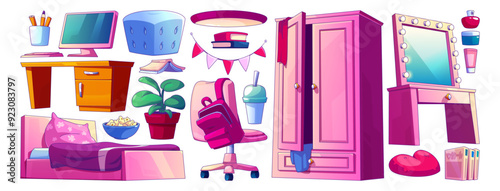 Teenage girl room interior pink furniture and decor elements. Cartoon set of bed and wardrobe cabinet, computer on table and backpack on chair, makeup mirror with cosmetics, flags and books.