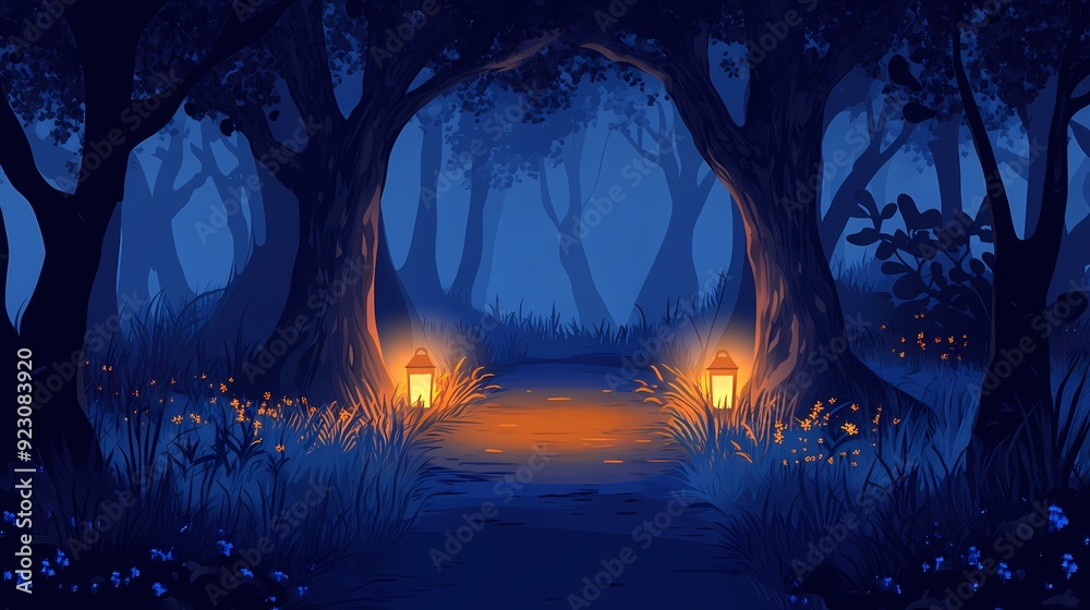 A mysterious path illuminated by lanterns in a dark forest. A mysterious path illuminated by lanterns in a dark forest.