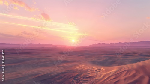 The peaceful desert twilight offers a serene view of the vast, open expanse with gentle light reflecting off the sand,