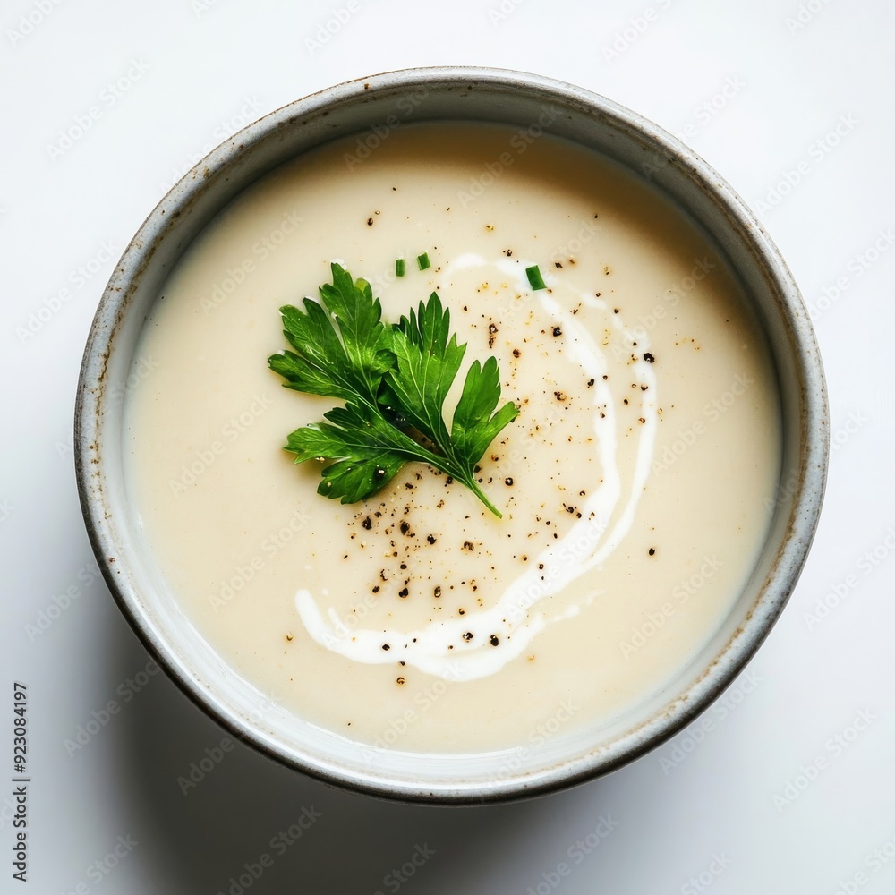 Sopa crema de coliflor con un toque de crema y decorada con perejil fresco, servida en un tazón de cerámica blanca. Sopa crema de coliflor con un toque de crema y decorada con perejil fresco, servida en un tazón de cerámica blanca.