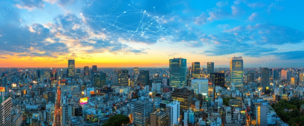 Fototapeta premium Holographic data visualization, a city skyline at night with digital connections and lines in the sky. The digital future of urban technology concept. 