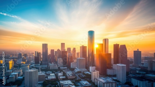 City skyline during sunset, with the sky awash in warm colors, creating a picturesque urban scene