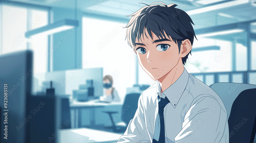portrait of a professional business man, An anime boy depicted as a professional office manager, dressed in business attire and engaged in a management task within a modern office environment portrait of a professional business man, An anime boy depicted as a professional office manager, dressed in business attire and engaged in a management task within a modern office environment