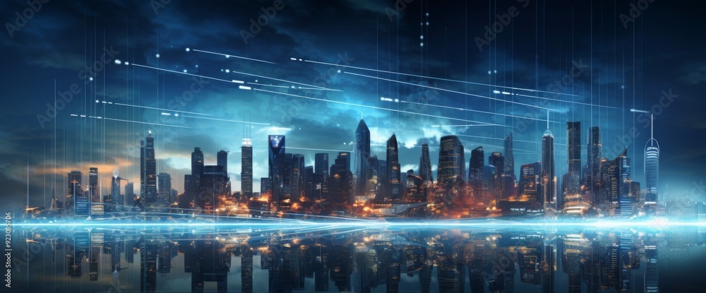 Holographic data visualization, a city skyline at night with digital connections and lines in the sky. The digital future of urban technology concept. Holographic data visualization, a city skyline at night with digital connections and lines in the sky. The digital future of urban technology concept.