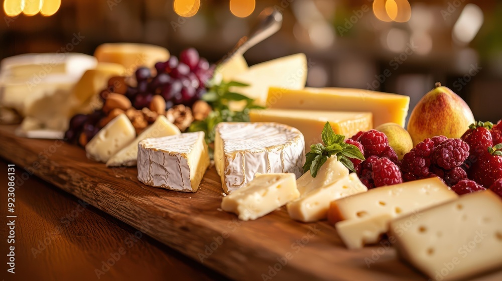 A closeup of a rustic wooden board displaying an assortment of artisanal cheeses A closeup of a rustic wooden board displaying an assortment of artisanal cheeses