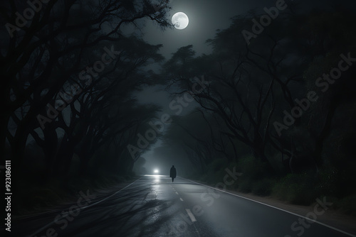 Cinematic dark fantasy scene of a narrow road at midnight, shrouded in shadows with an eerie figure, creating a chilling atmosphere.