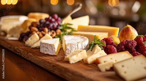 A closeup of a rustic wooden board displaying an assortment of artisanal cheeses