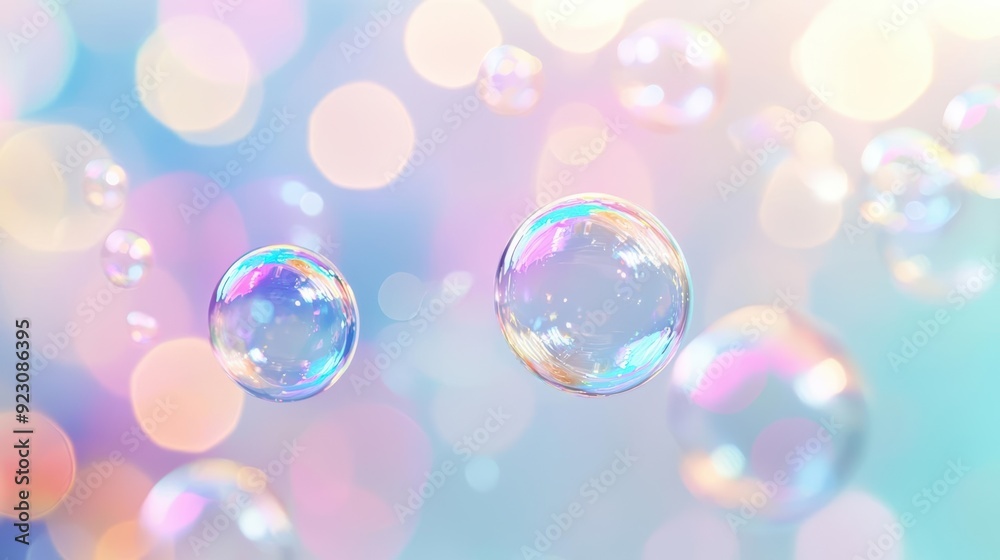 Closeup of iridescent soap bubbles against a soft pastel background. Closeup of iridescent soap bubbles against a soft pastel background.
