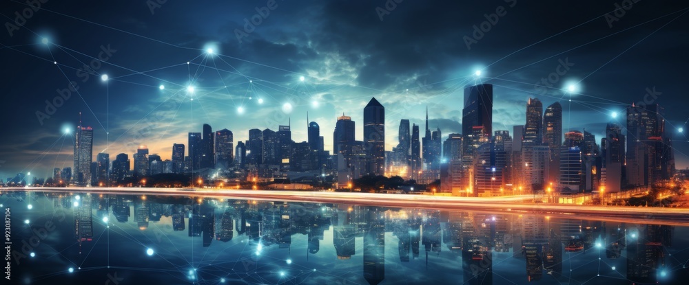 Holographic data visualization, a city skyline at night with digital connections and lines in the sky. The digital future of urban technology concept. Holographic data visualization, a city skyline at night with digital connections and lines in the sky. The digital future of urban technology concept.