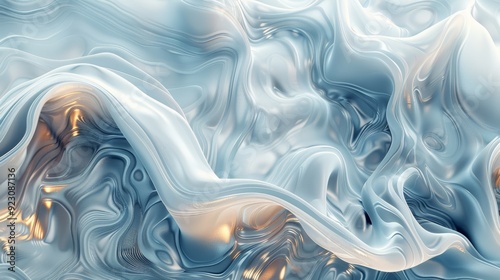 Soft blue waves of fluid textures with golden highlights in an abstract composition