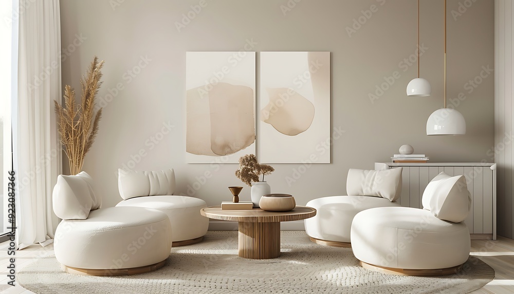 Modern Minimalist Living Room Interior Design with White Couches, Beige Walls, and Abstract Art Modern Minimalist Living Room Interior Design with White Couches, Beige Walls, and Abstract Art