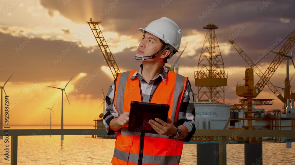 Asian Male Engineer With Safety Helmet Looking At The Tablet In His Hand And Looking Around While Standing With Offshore Hydrogen Production Asian Male Engineer With Safety Helmet Looking At The Tablet In His Hand And Looking Around While Standing With Offshore Hydrogen Production