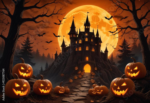 A spooky Halloween scene with a haunt