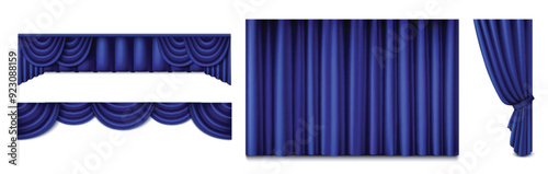 Blue silk curtains set isolated on white background. Vector realistic illustration of navy color satin drapery for theater stage or home interior decor, open and closed folded fabric, luxury texture