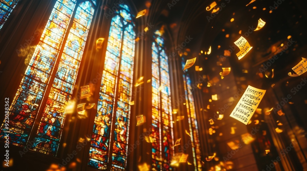 Obraz premium Vibrant stained glass windows shine as pages float gently through the air