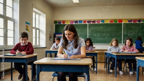 young teacher helping her students in class