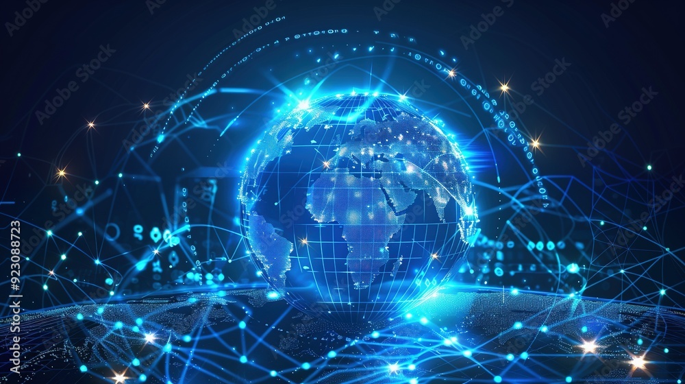 AI Global Communication Networks, Virtual Reality Simulations, Geospatial Data Visualization, and Interactive Educational Experience: Blue Hologram Globe with World Map and Glowing Data Streams