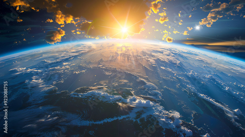  Earth from space, with the sun rising in the distance