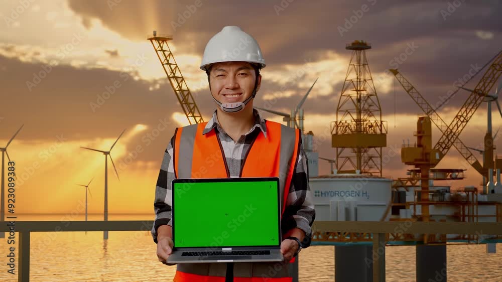 Asian Male Engineer With Safety Helmet Smiling And Showing Green Screen Laptop To The Camera While Standing With Offshore Hydrogen Production Asian Male Engineer With Safety Helmet Smiling And Showing Green Screen Laptop To The Camera While Standing With Offshore Hydrogen Production