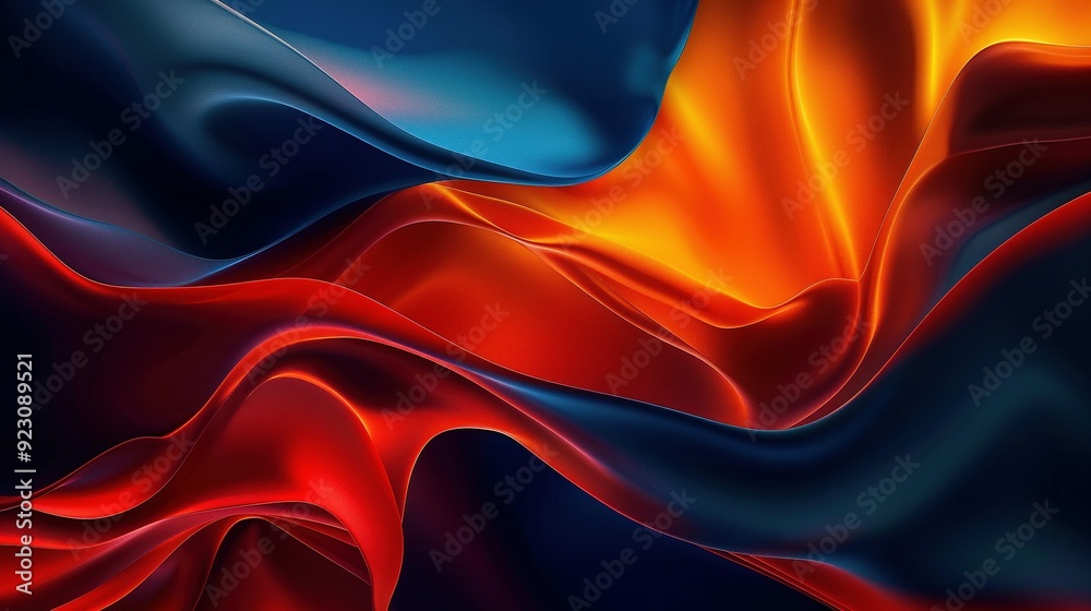 Obraz premium Grainy Noisy Poster Background with Dark Blue, Orange, and Red Color Waves on a Black Backdrop: Abstract Header and Banner Design
