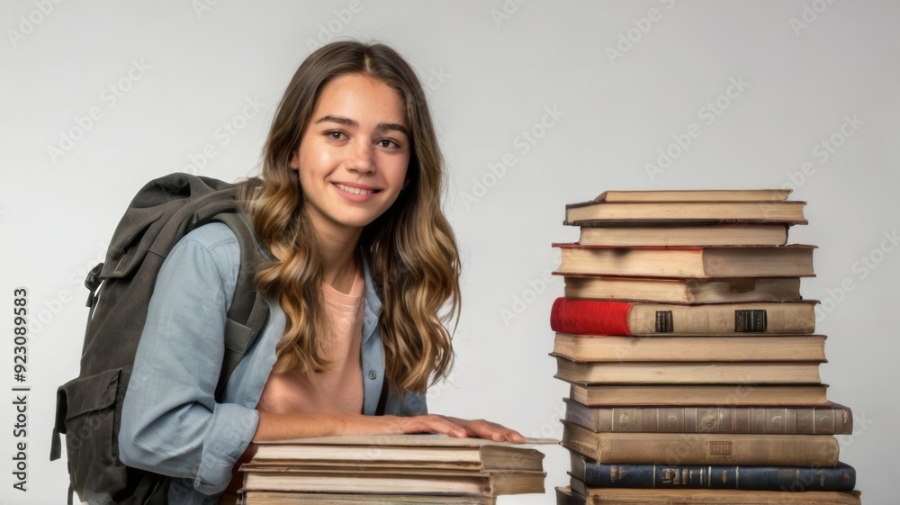 Young woman with books and backpack on white background Young woman with books and backpack on white background