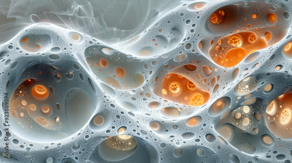 Abstract cellular structure with organic shapes and glowing elements in soft gray hues Abstract cellular structure with organic shapes and glowing elements in soft gray hues