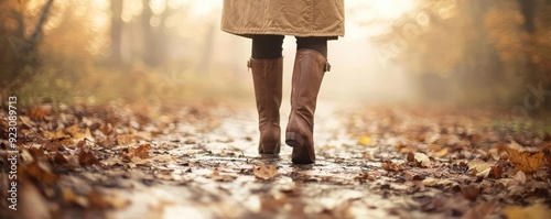 A fashionable trench coat paired with kneehigh boots, set against a misty autumn forest path with fallen leaves and muted light photo