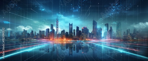 Holographic data visualization  a city skyline at night with digital connections and lines in the sky. The digital future of urban technology concept. 