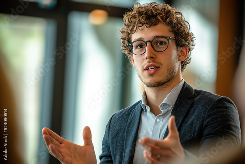 Young Professional in Business Suit Delivering an Inspiring Speech to a Captivated Audience in a Modern Conference Room with High-Resolution Nikon D850 Camera