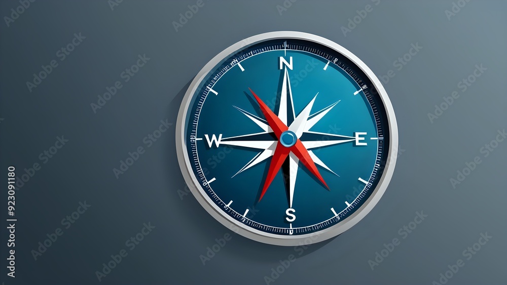 A compass with a red and white needle pointing North on a blue background. A compass with a red and white needle pointing North on a blue background.