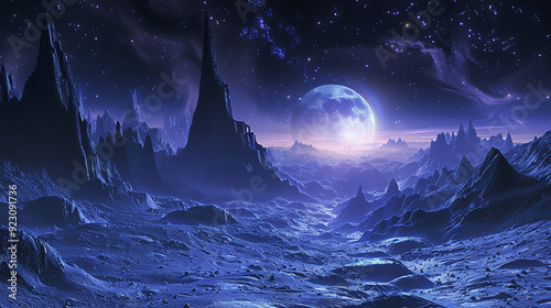  moonlit alien landscape with tall rocky mountains and a large, blue moon