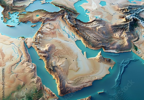 3d map of the middle east, accurate topography, accurate features, accurate borders,  photo