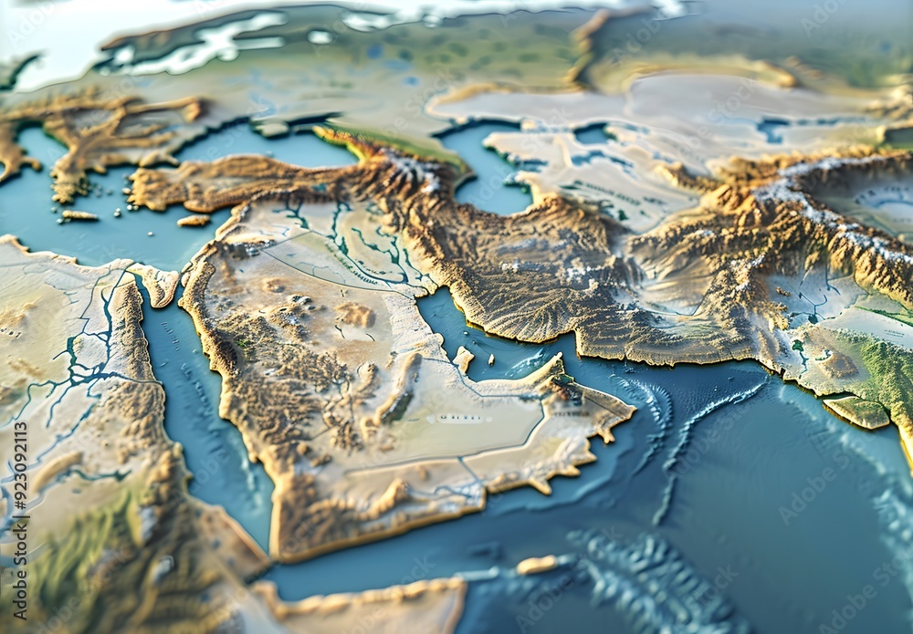 Fototapeta premium 3d map of the middle east, accurate topography, accurate features, accurate borders, 