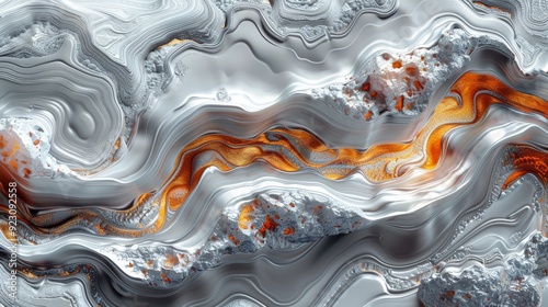 Abstract metallic wave patterns with orange accents in a fluid design