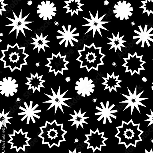 Stars seamless pattern. Monochrome vector illustration. Black and white abstract starry background. Set of different star shapes.