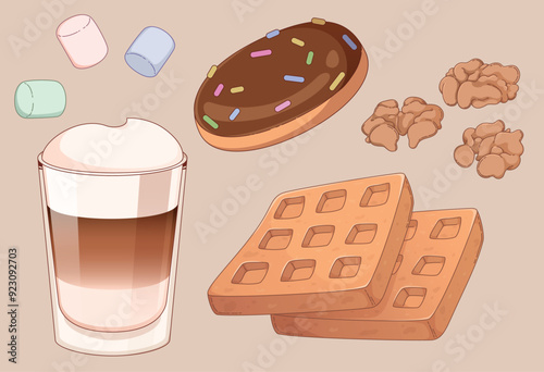 Coffee and dessert set isolated on background. Contemporary vector cartoon illustration of glass of cocoa with marshmallow, chocolate donut, belgian waffles and nuts, sweet breakfast menu icons