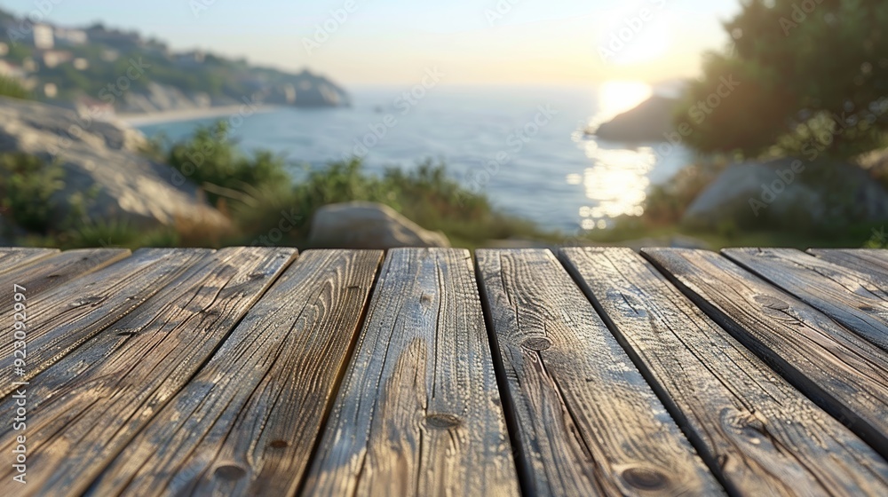 Sunset over the ocean with wooden deck view from the shore Sunset over the ocean with wooden deck view from the shore