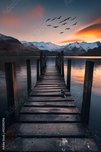 Sunrise over the lake. A jetty on the waters of lake garw, mountains in the background,  photo