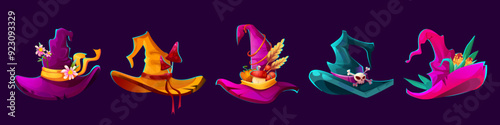 Magic fairytale fantasy witch cap with decorative flowers and vegetables, mushrooms and skull with bines. Cartoon vector colorful autumn and Halloween design elements of wizard pointed cone hat.