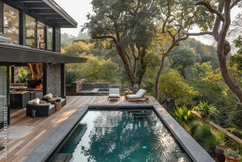 Wallpaper Mural Rectangular pool with wood deck and seating area overlooking a redwood forest in California, captured in a blue monochrome color scheme from a high angle. Torontodigital.ca