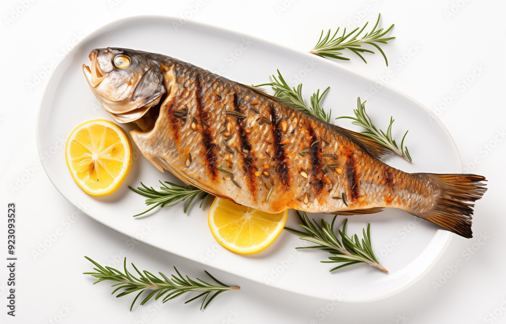 Delicious Grilled Fish with Lemon and Rosemary. The fish is cooked to a golden perfection, with crispy skin and flaky white flesh. The lemon slices add a zesty touch Delicious Grilled Fish with Lemon and Rosemary. The fish is cooked to a golden perfection, with crispy skin and flaky white flesh. The lemon slices add a zesty touch
