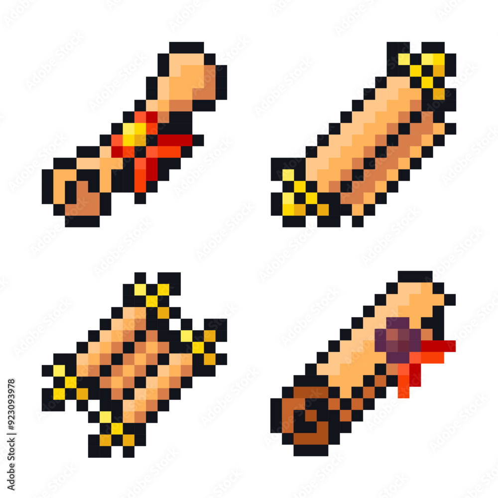 Fototapeta premium A set of pixel art scroll icons for 2D 8bit retro games.