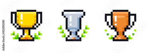 set of pixel art icons of trophy cups. Gold cup, silver cup, bronze cup.