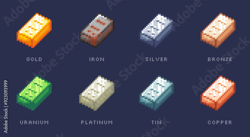 A set of pixel art ingots of various metals: gold, iron, silver, bronze, uranium, platinum, tin and copper for game assets and designs.
