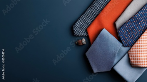 Flat lay of various silk ties with cufflinks and pocket square.