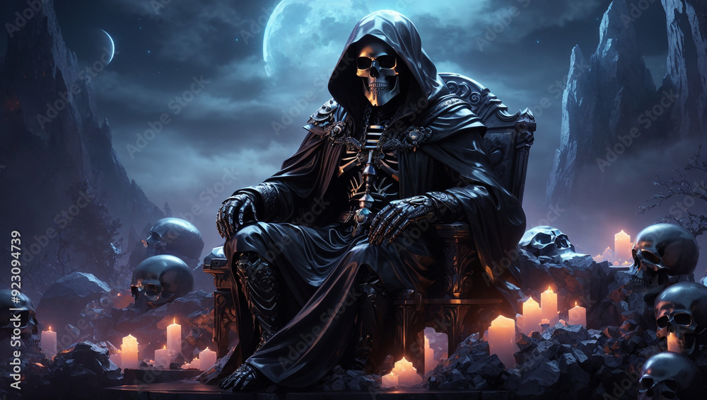 A figure in a dark cloak sits on a table with skulls and candles. The figure is holding a lit candle.
A figure in a dark cloak sits on a table with skulls and candles. The figure is holding a lit candle.