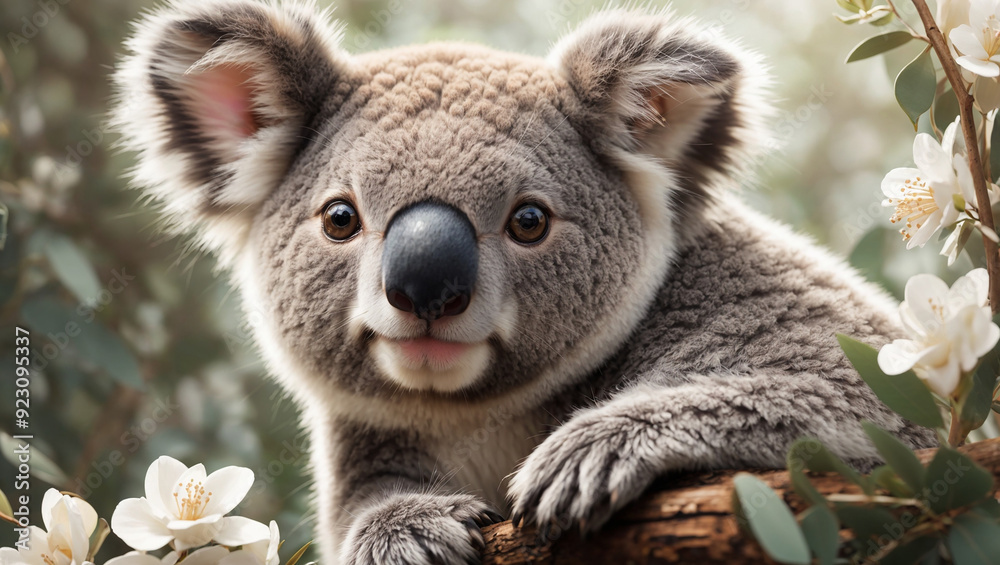 This is a picture of a koala with a fluffy gray coat, sitting on a branch with white flowers.
This is a picture of a koala with a fluffy gray coat, sitting on a branch with white flowers.