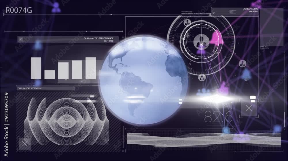 Animating global data analytics and performance metrics over digital globe and graphs Animating global data analytics and performance metrics over digital globe and graphs